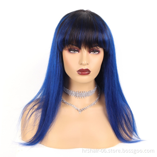 100% human hair T1B/Blue Color Brazilian Remy hair wigs with Bangs Full Machine Made Wigs no Lace wigs For Women
